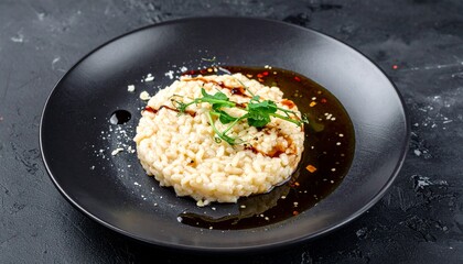 risotto with simple garnish and sauce with dark plate at the top table at studio