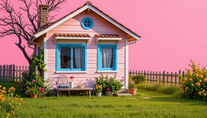 a bubblegum pop style of rural resident, positioned right, ,no text, no logo, soft pink background