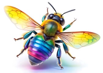 Colorful rainbow bee with iridescent wings isolated on white background, showcasing intricate details of its body and wings in a macro close-up