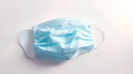 A light blue disposable surgical mask sits on a white surface with elastic ear loops visible in the image