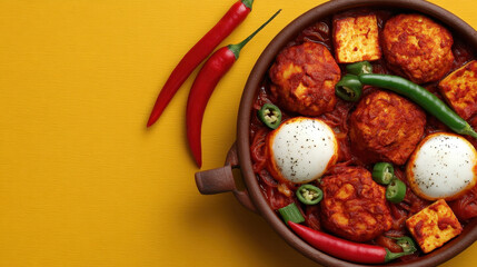 Delicious homemade meatballs with boiled eggs green chili red chili peppers and spices in a rustic clay dish on yellow background