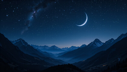 Obraz premium Scenic Night Sky with Crescent Moon Over Mountain Range Under Starry Sky – Serene Nature Landscape at Dusk