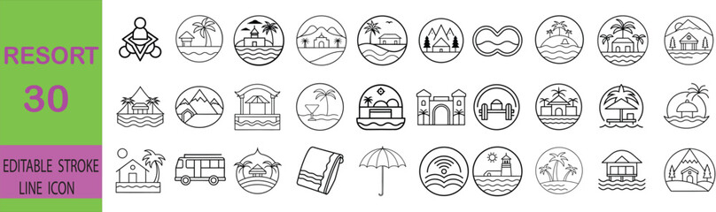 Obraz premium Collection of 30 Resort Themed Icons for Travel and Leisure .hotel, beach, sun, palm tree, cocktail, suitcase, airplane, cruise, sea, sand, pool, umbrella, chair, 