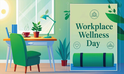 Workplace Wellness Day Poster with Calm Office Scene and Mindfulness Icons