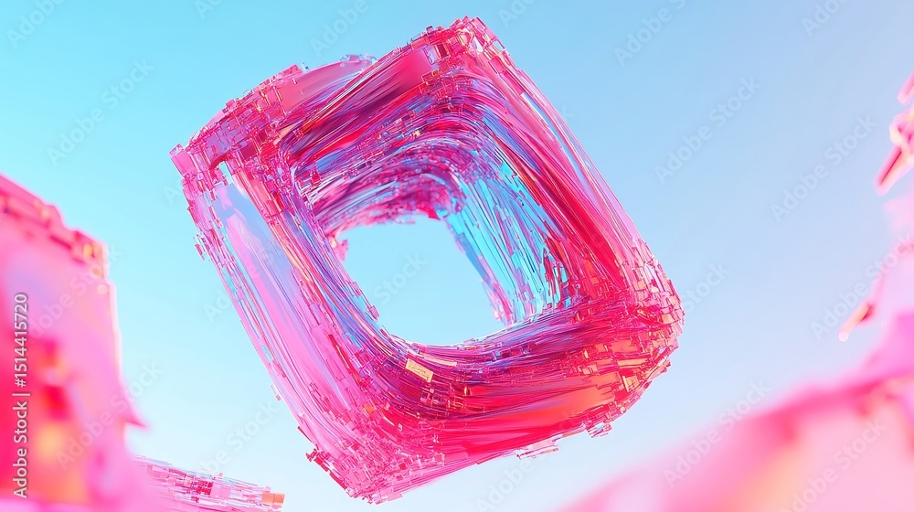 Poster vibrant data stream fracturing into glitch shards, spiraling in luminous cyan and fuchsia, featuring