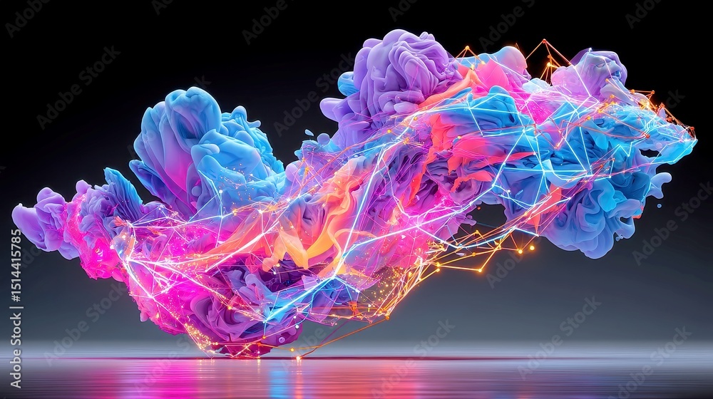 Poster neon data flow, a vibrant abstract visualization capturing the dynamic movement of data through flow