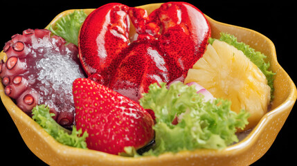 Fresh colorful fruit salad bowl filled with strawberries pine heart shaped berries and leafy greens beautiful healthy snack for breakfast or lunch