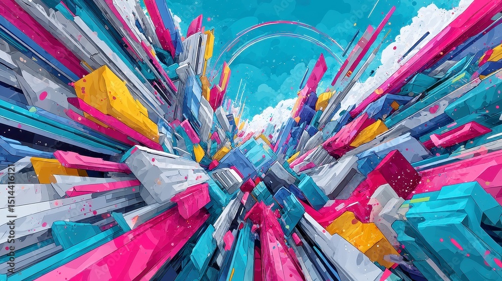 Poster glitch stream ribbons in motion, a captivating display of animated geometric patterns in bold cyan a