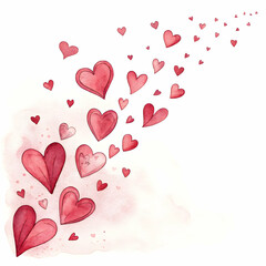 multiple glossy red hearts falling in a swirling motion, isolated on white background