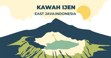 Kawah Ijen Volcano, East Java Indonesia &ndash; Flat Vector Illustration of Crater and Landscape
