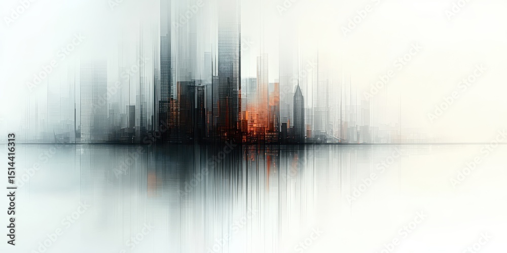 Poster business data unity concept. Abstract city skyline reflected in serene waters, featuring blurred skyscrapers and a soft color palette.