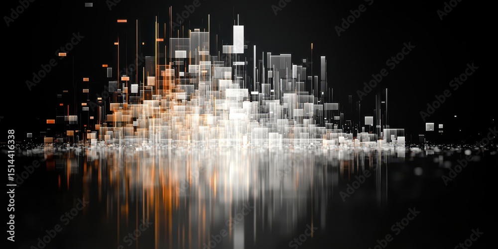 Poster business data unity concept. Abstract city skyline with reflective surface and glowing elements.