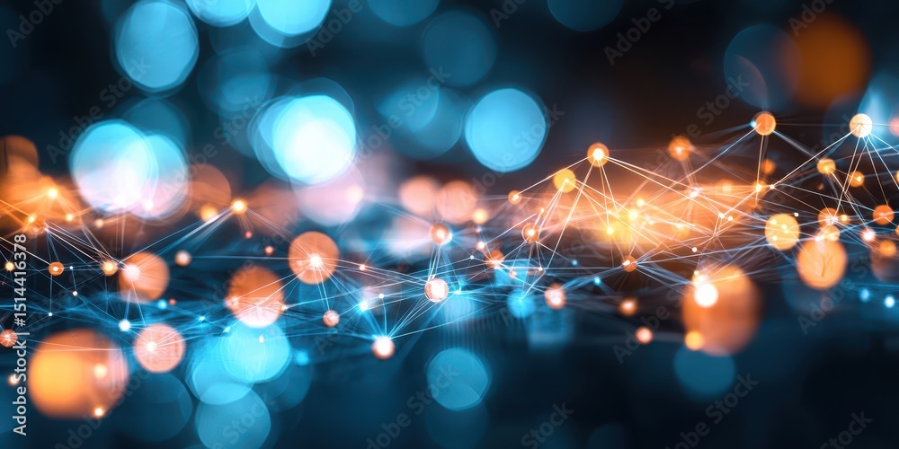 Poster business data unity concept. Abstract network of glowing lights and connecting lines in a blue and orange color scheme.
