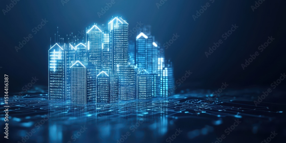 Poster business data unity concept. Illuminated city skyline with digital elements creating a futuristic atmosphere.