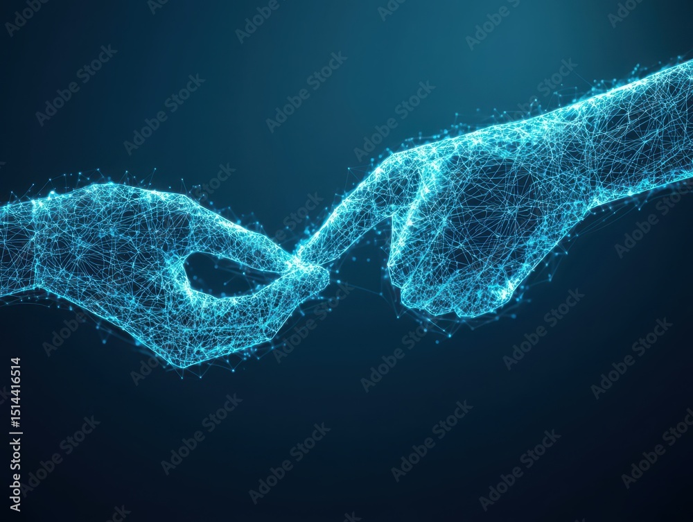 Poster business data unity concept. Digital hands connecting with a network of lines, symbolizing unity and technology.