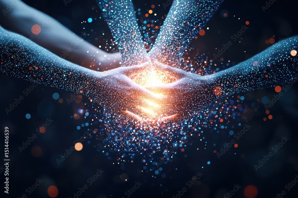 Poster business data unity concept. Hands forming a glowing connection surrounded by sparkling particles.