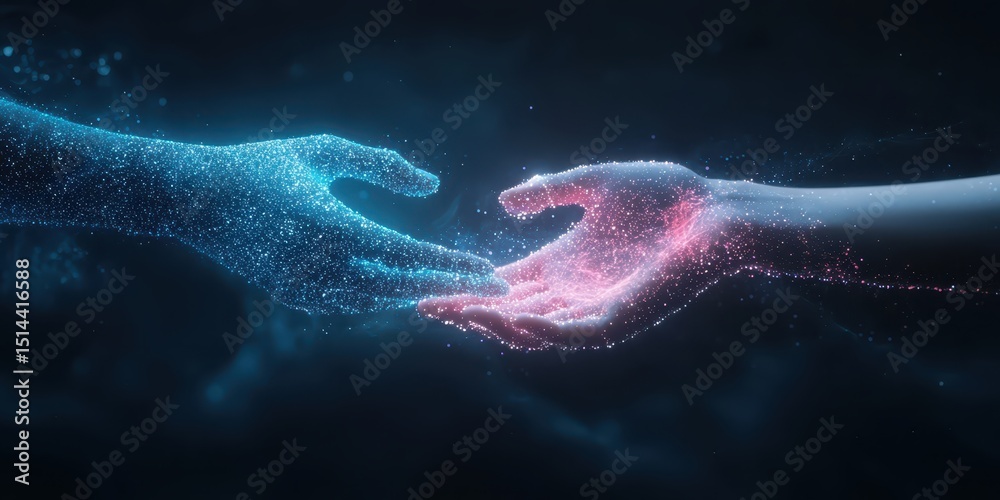 Aufkleber business data unity concept. Mysterious hands reaching out, surrounded by sparkling particles in a dark background.
