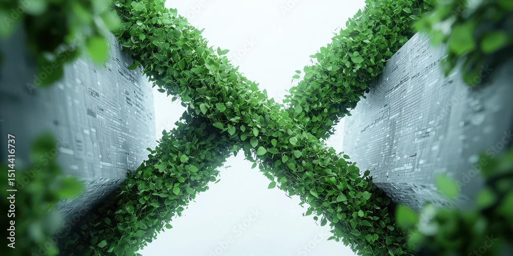 Poster business data unity concept. Green foliage intertwines with urban architecture in a striking visual contrast.