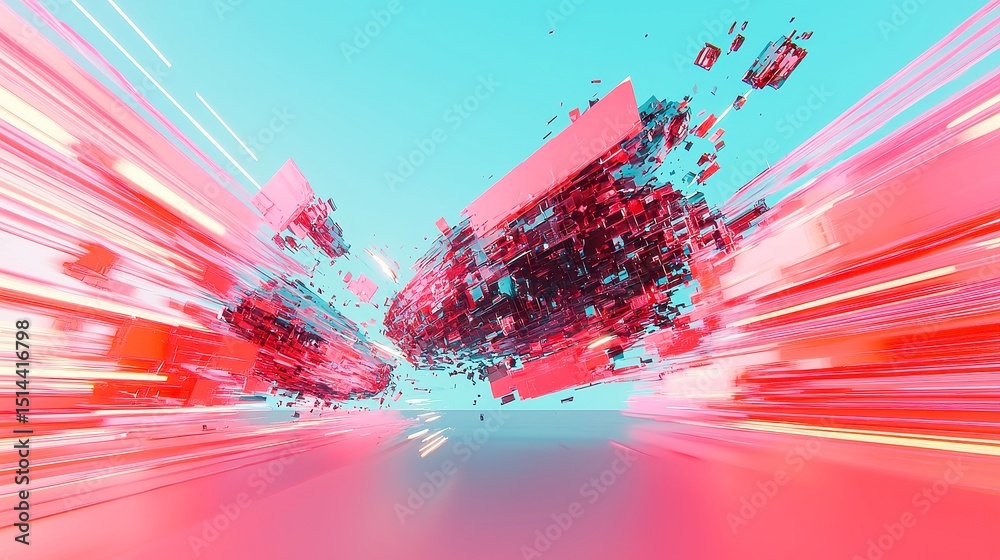Poster vibrant digital flow, an abstract composition of dynamic data streams and glitching squares, set aga