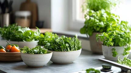 Fototapeta premium Fresh Herbs and Vegetables in White Ceramic Bowls for Healthy Cooking