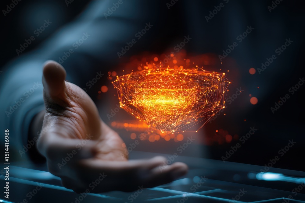 Poster business data unity concept. a hand reaching out to a glowing, digital diamond graphic in a dark env