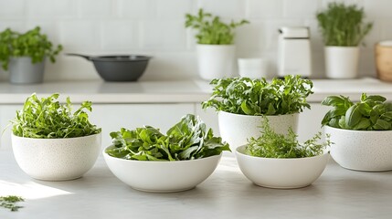 Fototapeta premium Fresh Herbs and Vegetables in White Ceramic Bowls for Healthy Cooking