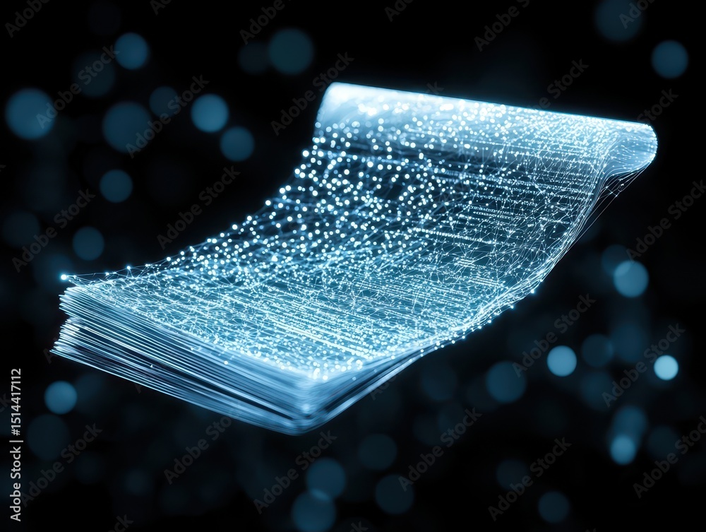 Poster business data unity concept. Shimmering blue abstract design with flowing lines and bokeh effects.