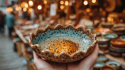 Hand holding a rustic handmade ceramic bowl with textured glaze and artistic design, showcasing artisan craftsmanship in a lively pottery shop environment