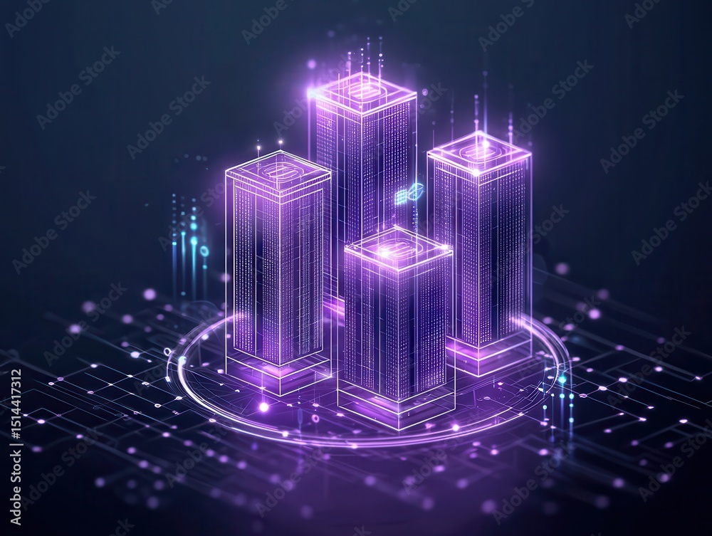 Poster business data unity concept. futuristic cityscape with glowing skyscrapers and digital elements.