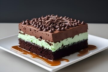 Delicious Chocolate Cake Slice with Green Filling and Caramel Drizzle on White Plate