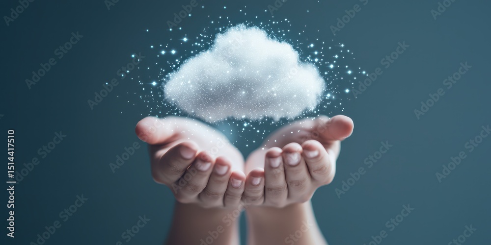 Aufkleber business data unity concept. hands holding a cloud of sparkling particles against a blue background,