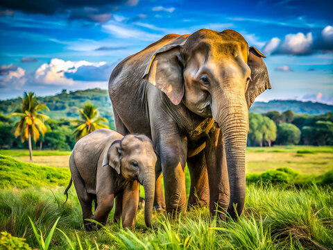 Mother and Baby Elephant in Lush Tropical Landscape - Powered by Adobe