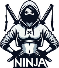 Obraz premium Stylized Female Ninja Warrior in Hoodie with Dual Katanas – Vector Mascot Design