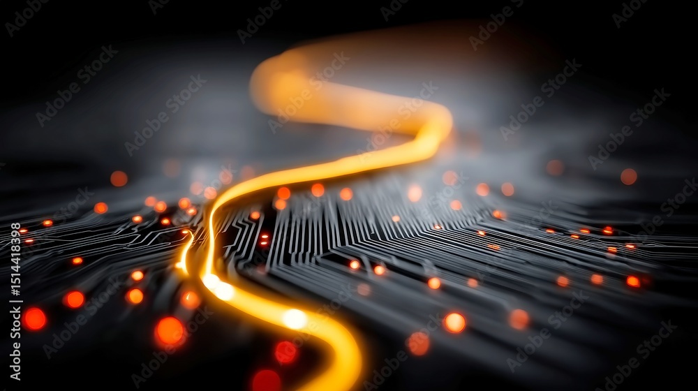 Poster neon circuitry flow, a vibrant display of glowing paths resembling liquid data traversing a dark voi