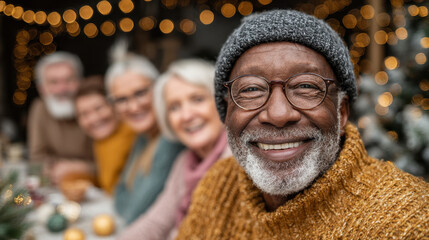 Happy diverse elderly friends celebrating Christmas together at festive gathe with lights and decorations in cozy indoor setting