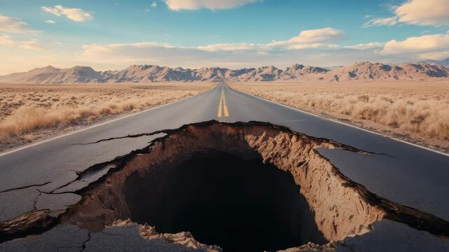 Large sinkhole opens in middle of deserted asphalt road through dry desert landscape with mountains under partly cloudy sky, showing crack and hole in rugged terrain