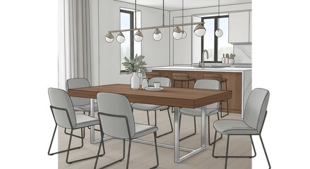 Dining area displaying a wooden table with six chairs and a modern lighting fixture