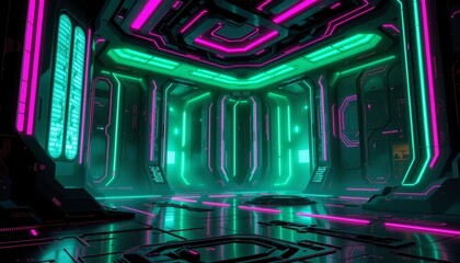 Obraz premium a cyberpunk scene of proton, positioned left, ,no text, no logo, emerald green background