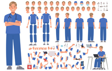 Fototapeta na wymiar Male nurse character constructor. Health worker,doctor or surgeon. Set of arms legs body and head positions for creating animation