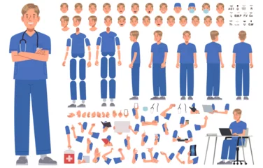 Selbstklebende Fototapeten Male nurse character constructor. Health worker,doctor or surgeon. Set of arms legs body and head positions for creating animation © tynyuk