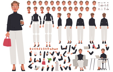 Fototapeta na wymiar Business mature woman character constructor. CEO or entrepreneur. Set of different positions of arms legs body and head for creating animation