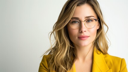 perfectly composed portrait of a businesswoman wearing glasses and a sleek yellow suit