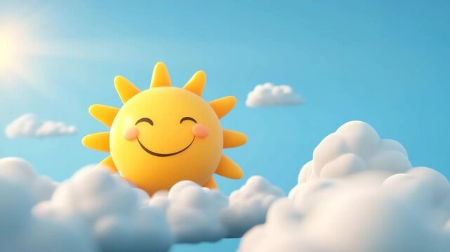 Cheerful smiling sun with rosy cheeks shines brightly above fluffy white clouds in clear blue sky creating happy bright sunny weather and cheerful warm atmosphere