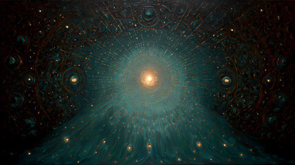 interior art for spiritual healing book | universal consciousness | transcendent calm | emerald and topaz blend | radiant center alignment | cosmic wombs | radiant drapery detailing | hatching glow |