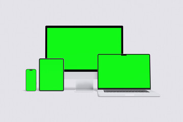 Multi device green screen with grey background color for mockup template