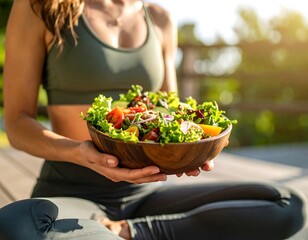 Woman holding a healthy salad outdoors