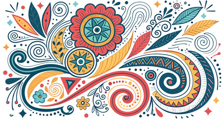 Fototapeta premium Abstract doodle art background with dynamic shapes, swirls, scribbles, and geometric overlays in bold contrasting colors on a white canvas featuring flowers.