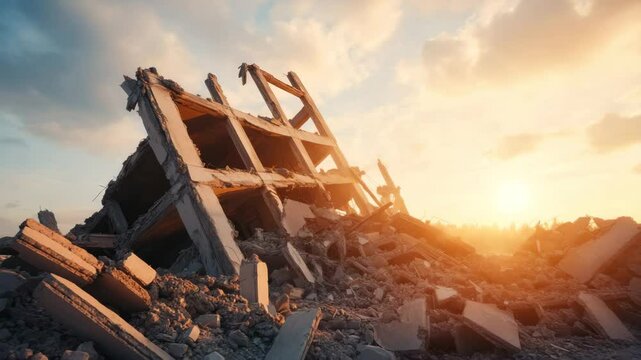 Damaged building rubble destruction sunset debris disaster broken structure ruins concrete collapse with warm sunlight and cloudy sky showing abandoned wreckage and emergency outdoor environment