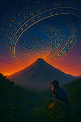 Illustration of Mount Rinjani in West Nusa Tenggara at golden hour. The sky is illuminated by a digital Sasak Weaving Aurora 