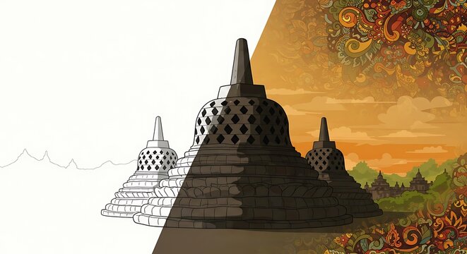 Borobudur Temple: Line Art to Detailed Illustration, Indonesian Cultural Heritage